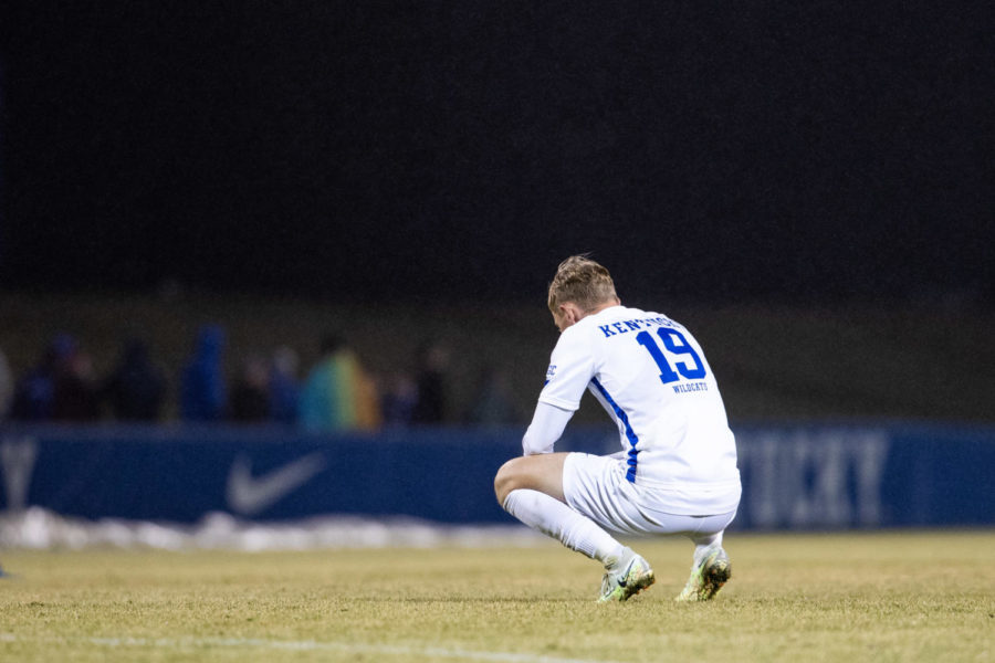Kentucky Wildcats midfielder Brennan Creek (19) processes the loss after the No. 1 Kentucky vs. Pitt soccer match in the Sweet Sixteen round of the NCAA tournament on Sunday, Nov. 27, 2022, at the Wendell & Vickie Bell Soccer Complex in Lexington, Kentucky. UK lost 2-1. Photo by Isabel McSwain | Staff