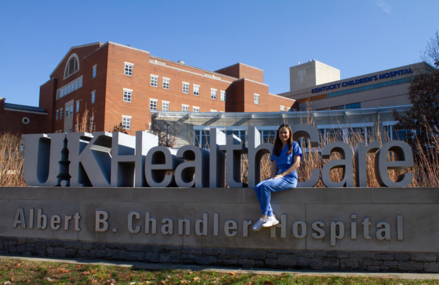 Hollie Clifton, a December graduate, poses for a portrait on Monday, Nov. 14, 2022, at Albert B. Chandler Hospital in Lexington, Kentucky. Photo by Maria Rauh | Kentucky Kernel