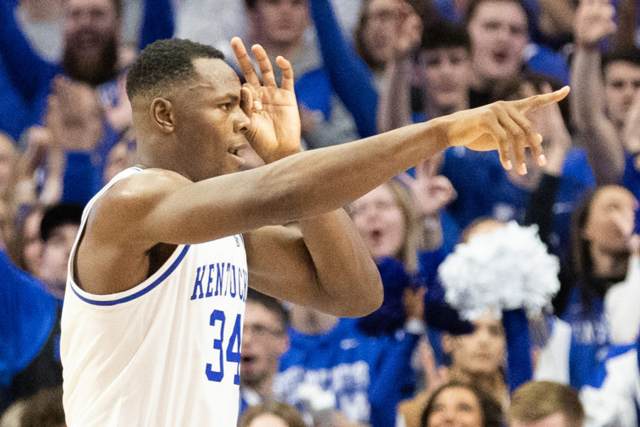 Kentucky Wildcats forward Oscar Tshiebwe (34) celebrates after a 3-pointer during the No. 19 Kentucky vs. Louisville mens basketball game on Friday, Nov. 11, 2022, at Rupp Arena in Lexington, Kentucky. UK won 86-63. Photo by Jackson Dunavant | Staff
