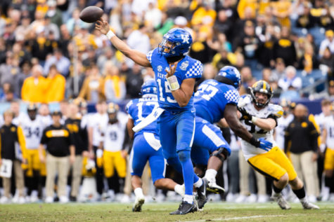Kentucky Wildcats quarterback Destin Wade (15) throws a pass during the Kentucky vs. Iowa Music City Bowl football game on Saturday, Dec. 31, 2022, at Nissan Stadium in Nashville, Tennessee. UK lost 21-0. Photo by Isabel McSwain | Staff