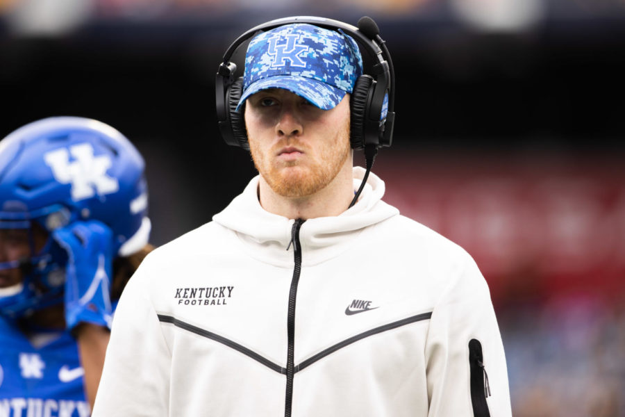 Kentucky Wildcats quarterback Will Levis (7) coaches from the sideline during the Kentucky vs. Iowa Music City Bowl football game on Saturday, Dec. 31, 2022, at Nissan Stadium in Nashville, Tennessee. UK lost 21-0. Photo by Isabel McSwain | Staff