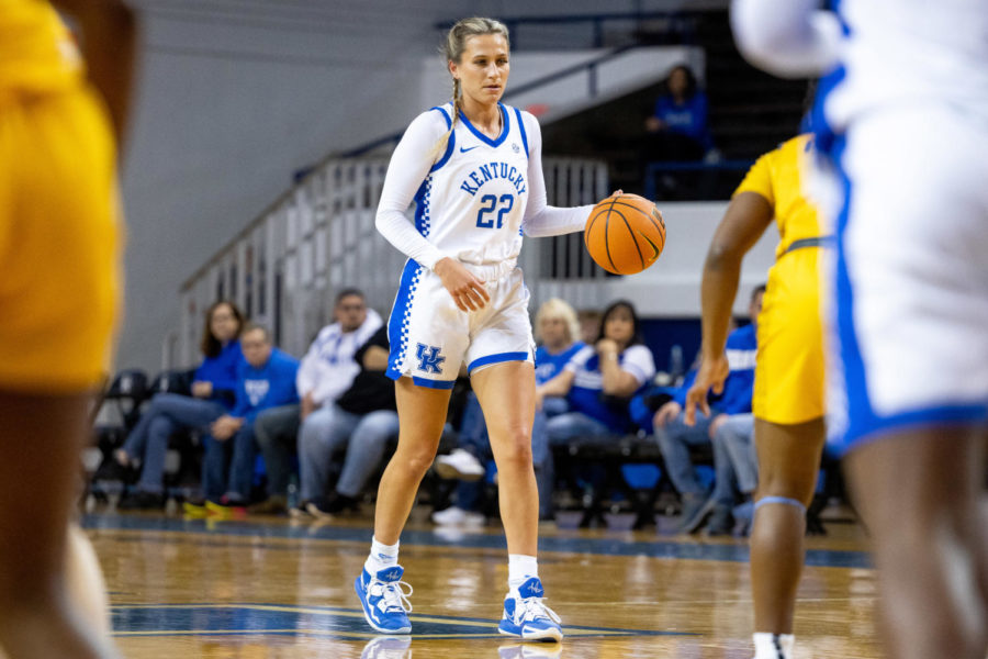 Kentucky Wildcats guard Maddie Scherr (22) dribbles the ball up the court during the Kentucky vs. UNC Greensboro womens basketball game on Sunday, Dec. 4, 2022, at Memorial Coliseum in Lexington, Kentucky. UK won 82-56. Photo by Jack Weaver | Staff