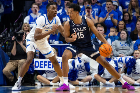 Kentucky Wildcats forward Ugonna Onyenso (33) guards Yale Bulldogs forward EJ Jarvis (15) during the No. 16 Kentucky vs. Yale mens basketball game on Saturday, Dec. 10, 2022, at Rupp Arena in Lexington, Kentucky. UK won 69-59. Photo by Jack Weaver | Staff