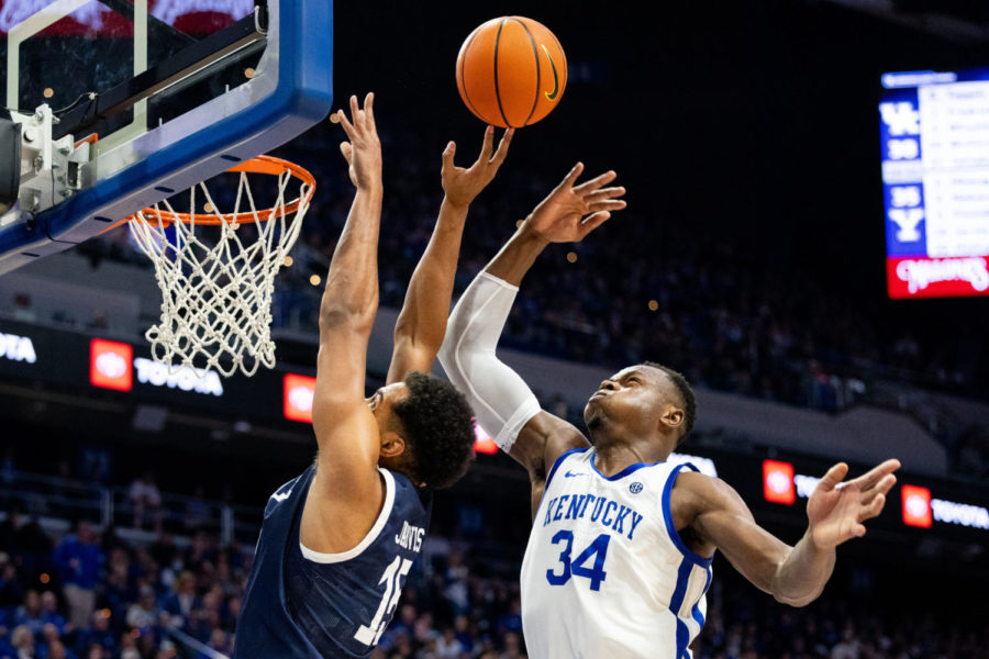 Kentucky Wildcats forward Oscar Tshiebwe (34) blocks a shot during the No. 16 Kentucky vs. Yale mens basketball game on Saturday, Dec. 10, 2022, at Rupp Arena in Lexington, Kentucky. UK won 69-59. Photo by Jack Weaver | Staff