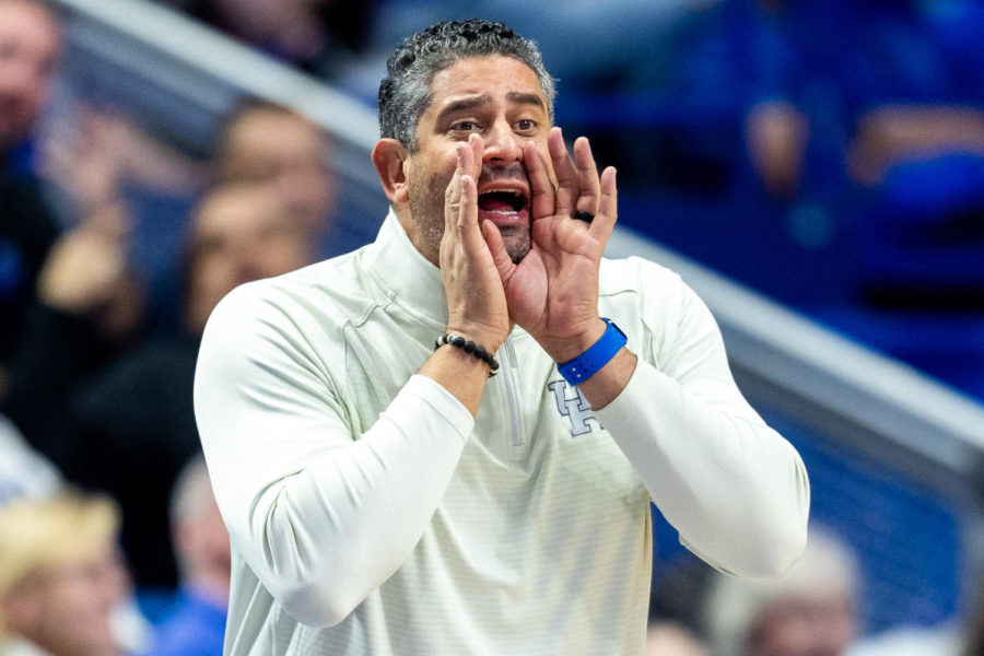 Kentucky Wildcats associate coach Orlando Antigua yells from the bench during the No. 16 Kentucky vs. Yale mens basketball game on Saturday, Dec. 10, 2022, at Rupp Arena in Lexington, Kentucky. UK won 69-59. Photo by Jack Weaver | Staff