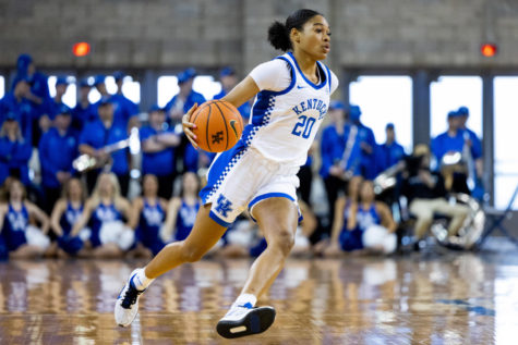 Kentucky Wildcats guard Amiya Jenkins (20) dribbles the ball up the court during the Kentucky vs. UNC Greensboro womens basketball game on Sunday, Dec. 4, 2022, at Memorial Coliseum in Lexington, Kentucky. UK won 82-56. Photo by Jack Weaver | Staff