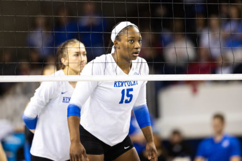 Kentucky Wildcats middle blocker Azhani Tealer (15) prepares for an incoming ball during the No. 3 Kentucky vs. WKU volleyball match in the second round of the NCAA Tournament on Friday, Dec. 2, 2022, at Memorial Coliseum in Lexington, Kentucky. UK won 3-0. Photo by Isabel McSwain | Staff