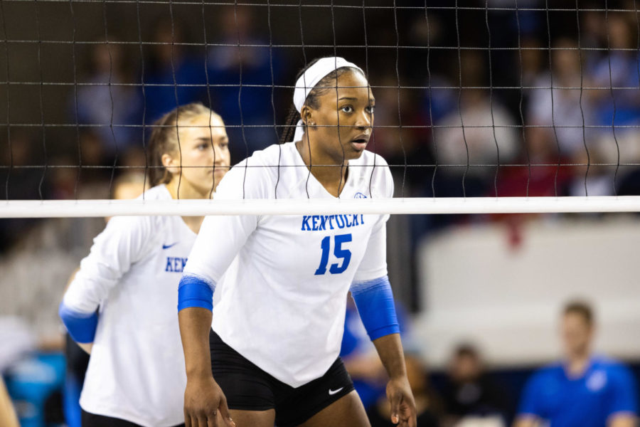 Kentucky+Wildcats+middle+blocker+Azhani+Tealer+%2815%29+prepares+for+an+incoming+ball+during+the+No.+3+Kentucky+vs.+WKU+volleyball+match+in+the+second+round+of+the+NCAA+Tournament+on+Friday%2C+Dec.+2%2C+2022%2C+at+Memorial+Coliseum+in+Lexington%2C+Kentucky.+UK+won+3-0.+Photo+by+Isabel+McSwain+%7C+Staff