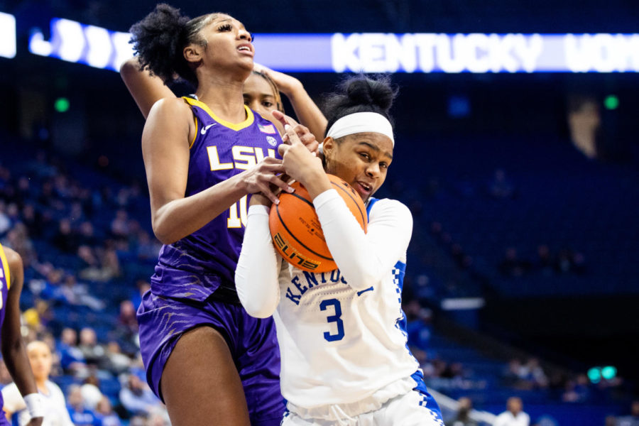 Kentucky Wildcats guard Kennedy Cambridge (3) fights to keep possession of the ball during the Kentucky vs. No. 7 LSU womens basketball game on Sunday, Jan. 8, 2023, at Rupp Arena in Lexington, Kentucky. UK lost 67-48. Photo by Isabel McSwain | Staff