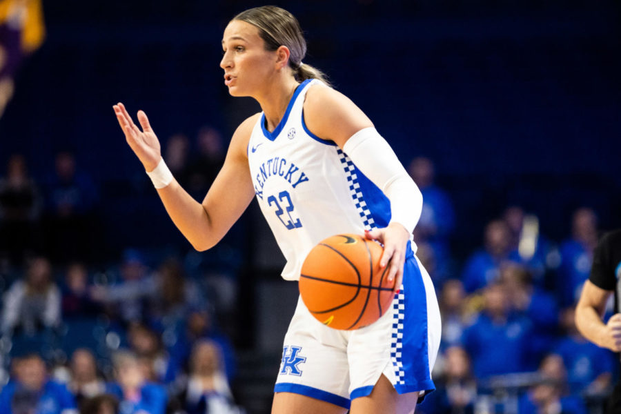 Kentucky Wildcats guard Maddie Scherr (22) directs her teammates during the Kentucky vs. No. 7 LSU womens basketball game on Sunday, Jan. 8, 2023, at Rupp Arena in Lexington, Kentucky. UK lost 67-48. Photo by Isabel McSwain | Staff