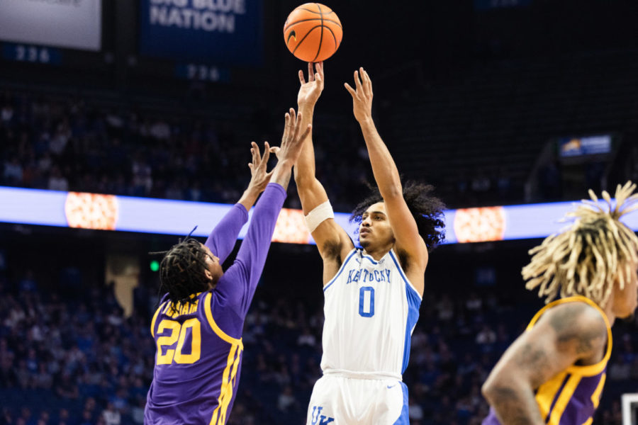Kentucky Wildcats forward Jacob Toppin (0) shoots the ball during the Kentucky vs. LSU mens basketball game on Tuesday, Jan. 3, 2023, at Rupp Arena in Lexington, Kentucky. UK won 74-71. Photo by Isabel McSwain | Staff