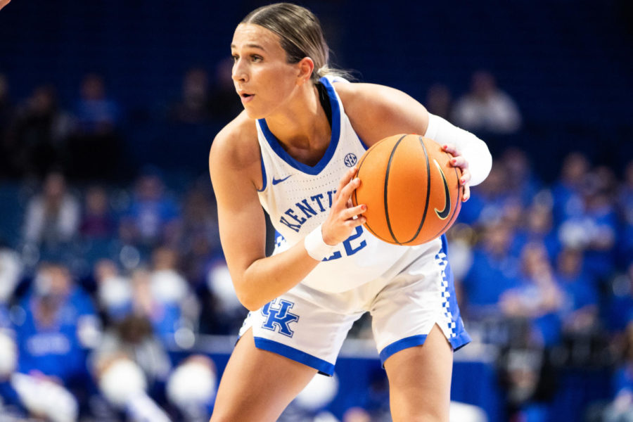 Kentucky Wildcats guard Maddie Scherr (22) looks to pass the ball to a teammate during the Kentucky vs. No. 7 LSU womens basketball game on Sunday, Jan. 8, 2023, at Rupp Arena in Lexington, Kentucky. UK lost 67-48. Photo by Isabel McSwain | Staff