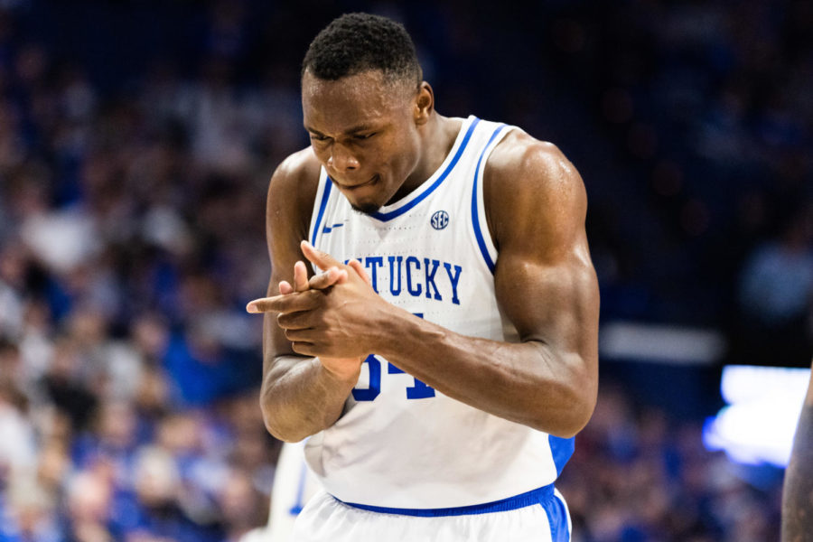 Kentucky Wildcats forward Oscar Tshiebwe (34) celebrates a play during the Kentucky vs. LSU mens basketball game on Tuesday, Jan. 3, 2023, at Rupp Arena in Lexington, Kentucky. UK won 74-71. Photo by Isabel McSwain | Staff