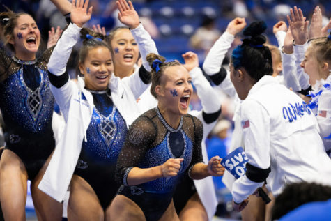 Kentucky Wildcats gymnast Raena Worley celebrates after her beam performance during the Kentucky vs. LSU gymnastics meet on Friday, Jan. 13, 2023, at Rupp Arena in Lexington, Kentucky. Photo by Jack Weaver | Staff