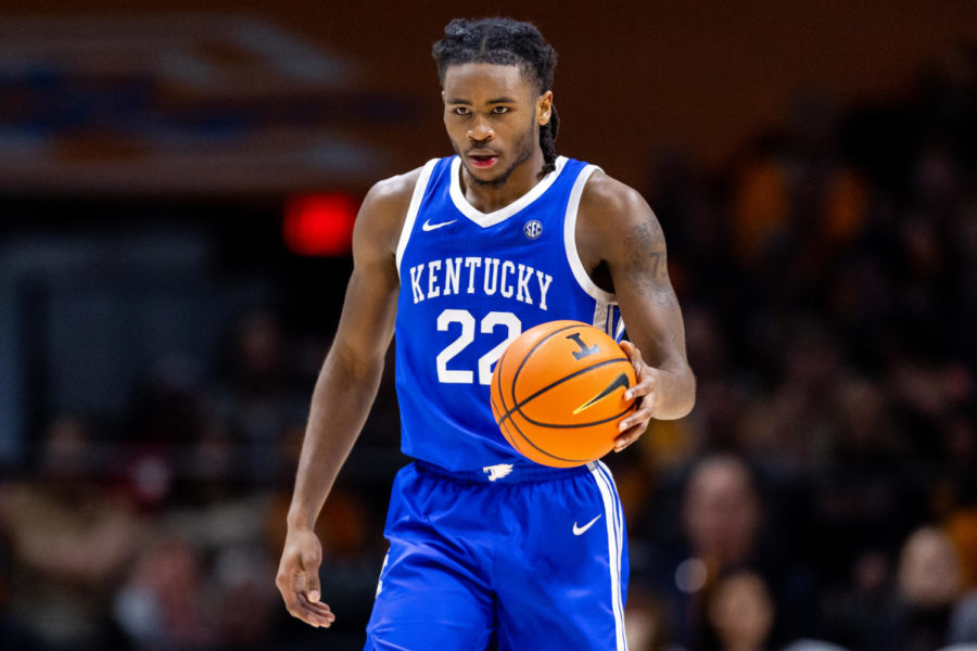 Kentucky Wildcats guard Cason Wallace (22) dribbles the ball up the court during the Kentucky vs. No. 5 Tennessee mens basketball game on Saturday, Jan. 14, 2023, at Thompson-Boling Arena in Knoxville, Tennessee. Kentucky won 63-56. Photo by Jack Weaver | Staff