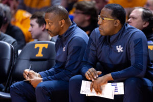 Kentucky Wildcats associate to the head coach Bruiser Flint, left, and assistant coach Chin Coleman sit on the bench during the Kentucky vs. No. 5 Tennessee mens basketball game on Saturday, Jan. 14, 2023, at Thompson-Boling Arena in Knoxville, Tennessee. Kentucky won 63-56. Photo by Jack Weaver | Staff