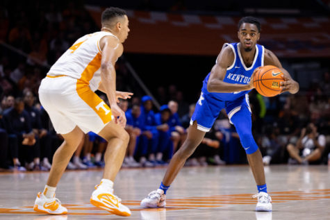 Kentucky Wildcats guard Antonio Reeves (12) passes the ball during the Kentucky vs. No. 5 Tennessee mens basketball game on Saturday, Jan. 14, 2023, at Thompson-Boling Arena in Knoxville, Tennessee. Kentucky won 63-56. Photo by Jack Weaver | Staff