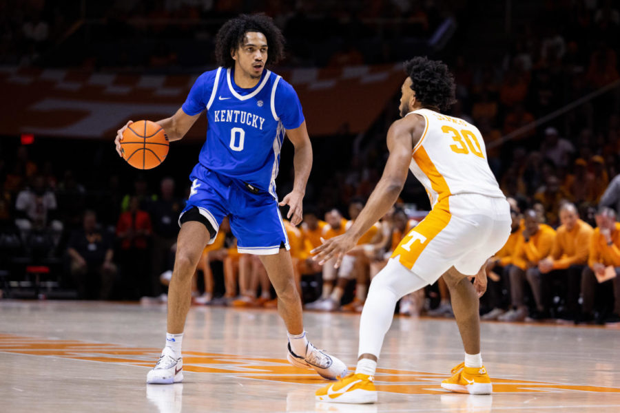 Kentucky Wildcats forward Jacob Toppin (0) dribbles the ball up the court during the Kentucky vs. No. 5 Tennessee mens basketball game on Saturday, Jan. 14, 2023, at Thompson-Boling Arena in Knoxville, Tennessee. Kentucky won 63-56. Photo by Jack Weaver | Staff