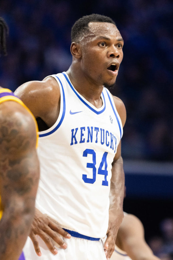 Kentucky Wildcats forward Oscar Tshiebwe (34) reacts to a call during the Kentucky vs. LSU mens basketball game on Tuesday, Jan. 3, 2023, at Rupp Arena in Lexington, Kentucky. UK won 74-71. Photo by Isabel McSwain | Staff