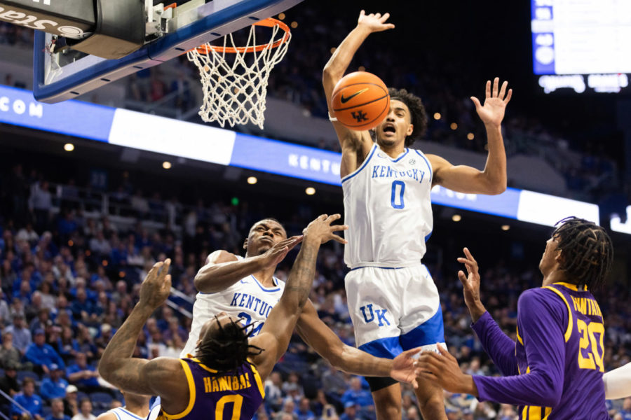 Kentucky Wildcats forwards Jacob Toppin (0) and Oscar Tshiebwe (34) block a shot during the Kentucky vs. LSU mens basketball game on Tuesday, Jan. 3, 2023, at Rupp Arena in Lexington, Kentucky. UK won 74-71. Photo by Isabel McSwain | Staff