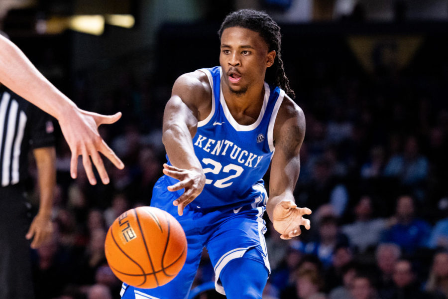 Kentucky Wildcats guard Cason Wallace (22) passes the ball during the Kentucky vs. Vanderbilt mens basketball game on Tuesday, Jan. 24, 2023, at Memorial Gymnasium in Nashville, Tennessee. Kentucky won 69-53. Photo by Jack Weaver | Staff