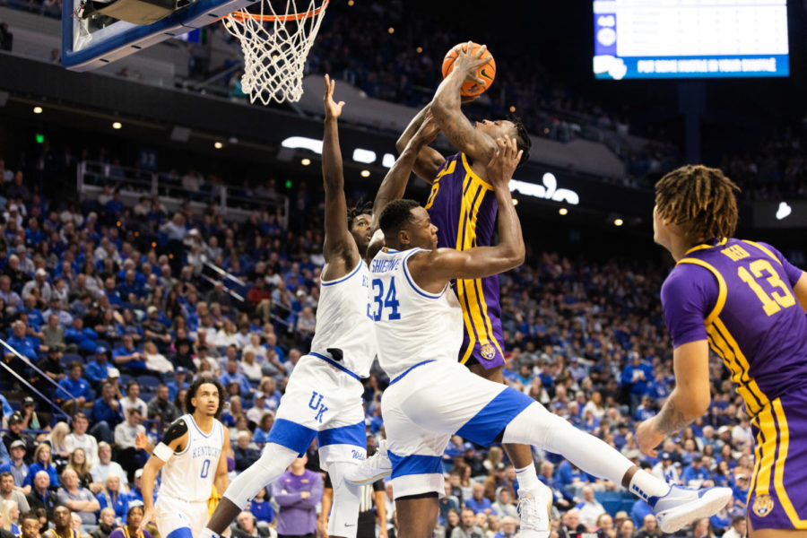 Kentucky Wildcats forward Oscar Tshiebwe (34) attempts to block a shot during the Kentucky vs. LSU mens basketball game on Tuesday, Jan. 3, 2023, at Rupp Arena in Lexington, Kentucky. UK won 74-71. Photo by Isabel McSwain | Staff