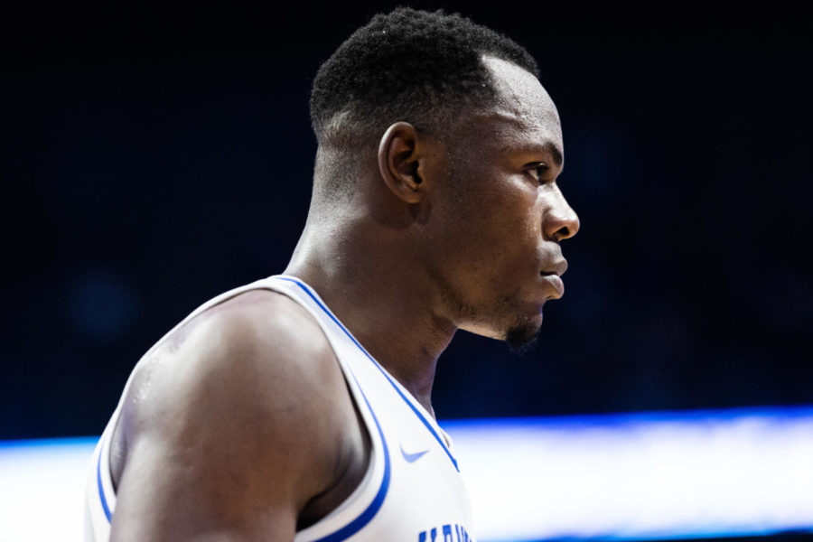 Kentucky Wildcats forward Oscar Tshiebwe (34) focuses for the next play during the Kentucky vs. LSU mens basketball game on Tuesday, Jan. 3, 2023, at Rupp Arena in Lexington, Kentucky. UK won 74-71. Photo by Isabel McSwain | Staff