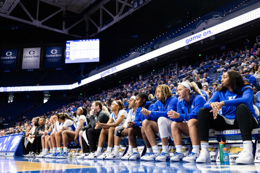 Kentucky players watch during the Kentucky vs. No. 7 LSU womens basketball game on Sunday, Jan. 8, 2023, at Rupp Arena in Lexington, Kentucky. UK lost 67-48. Photo by Isabel McSwain | Staff