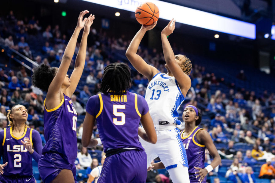Kentucky Wildcats forward Ajae Petty (13) shoots the ball during the Kentucky vs. No. 7 LSU womens basketball game on Sunday, Jan. 8, 2023, at Rupp Arena in Lexington, Kentucky. UK lost 67-48. Photo by Isabel McSwain | Staff