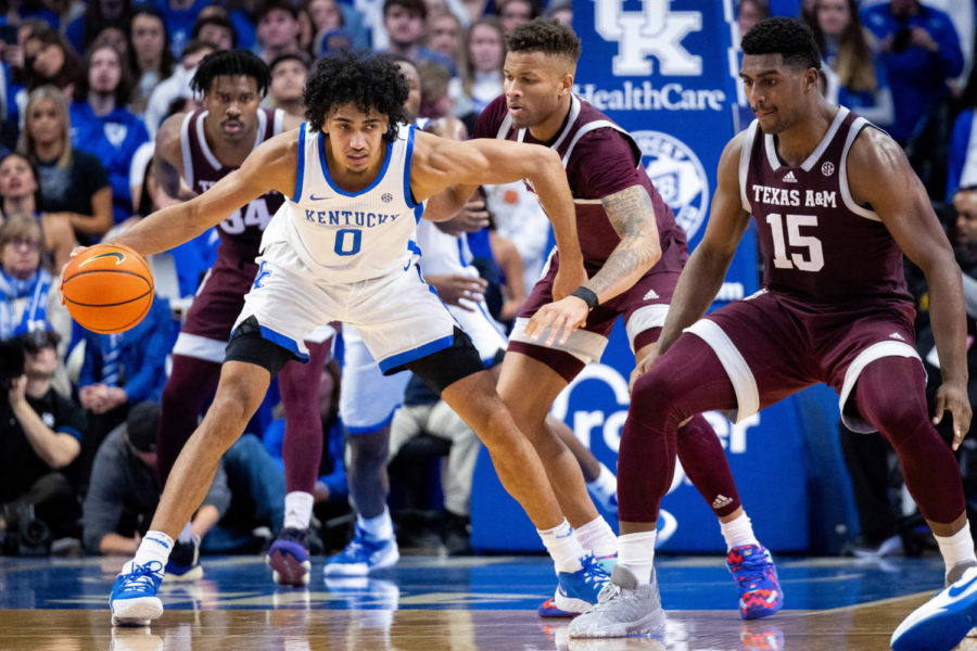 Kentucky Wildcats forward Jacob Toppin (0) dribbles the ball during the Kentucky vs. Texas A&M mens basketball game on Saturday, Jan. 21, 2023, at Rupp Arena in Lexington, Kentucky. Kentucky won 76-67. Photo by Jack Weaver | Staff
