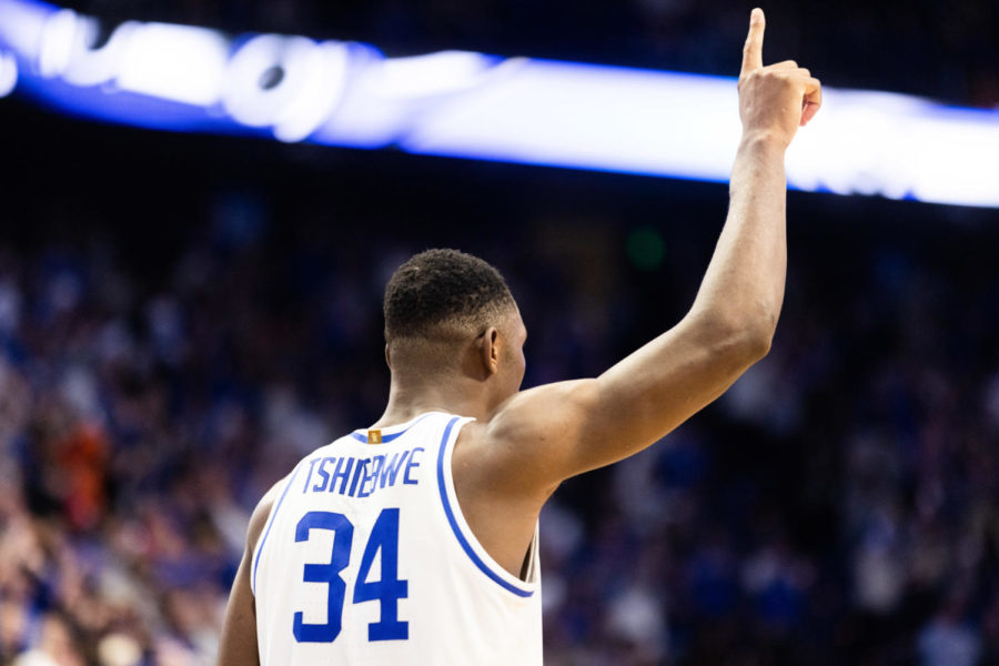 Kentucky Wildcats forward Oscar Tshiebwe (34) celebrates the win after the Kentucky vs. LSU mens basketball game on Tuesday, Jan. 3, 2023, at Rupp Arena in Lexington, Kentucky. UK won 74-71. Photo by Isabel McSwain | Staff
