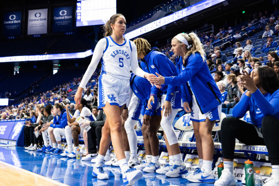 Kentucky Wildcats guard Blair Green (5) high fives teammates during the Kentucky vs. No. 7 LSU womens basketball game on Sunday, Jan. 8, 2023, at Rupp Arena in Lexington, Kentucky. UK lost 67-48. Photo by Isabel McSwain | Staff