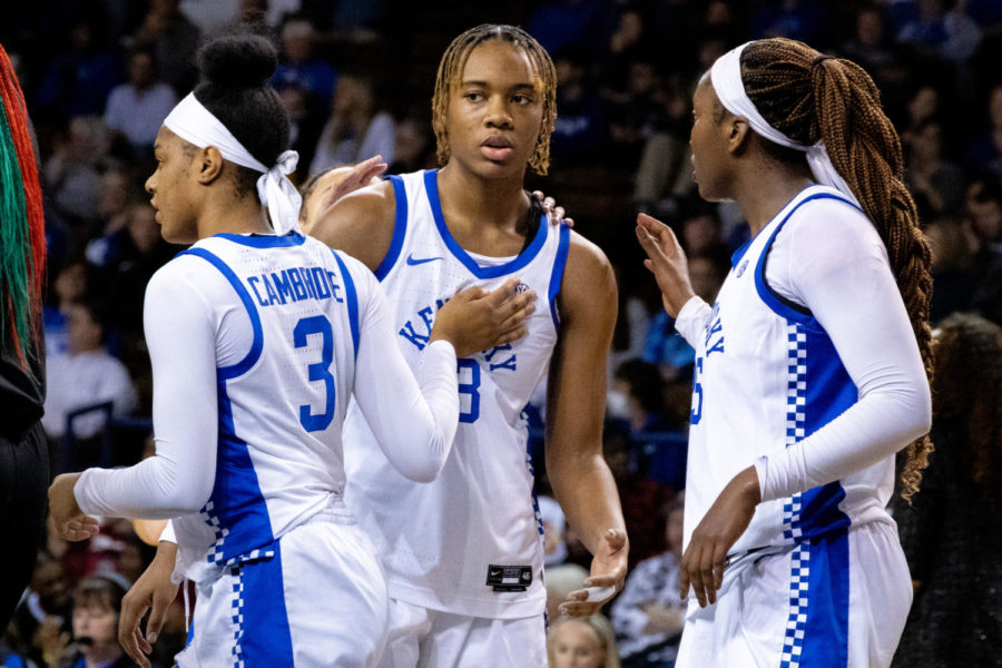 Kentucky Wildcats forward Ajae Petty (13) talks to her teammates in between plays during the Kentucky vs. No. 1 South Carolina womens basketball game on Thursday, Jan. 12, 2023, at Memorial Coliseum in Lexington, Kentucky. South Carolina won 95-66. Photo by Olivia Hall | Staff