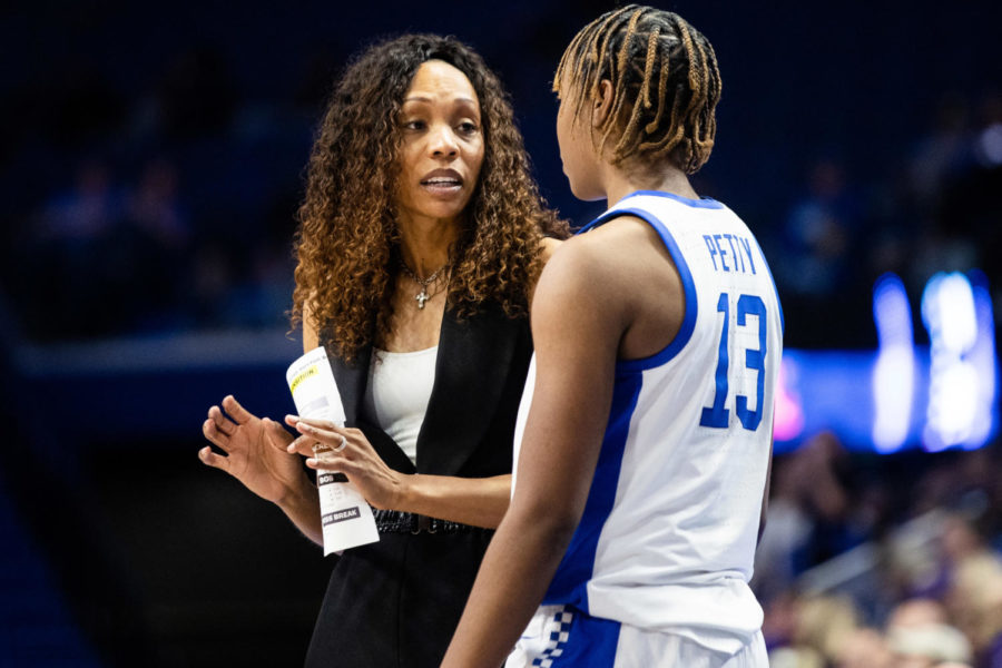 Kentucky Wildcats head coach Kyra Elzy coaches forward Ajae Petty (13) during the Kentucky vs. No. 7 LSU womens basketball game on Sunday, Jan. 8, 2023, at Rupp Arena in Lexington, Kentucky. UK lost 67-48. Photo by Isabel McSwain | Staff