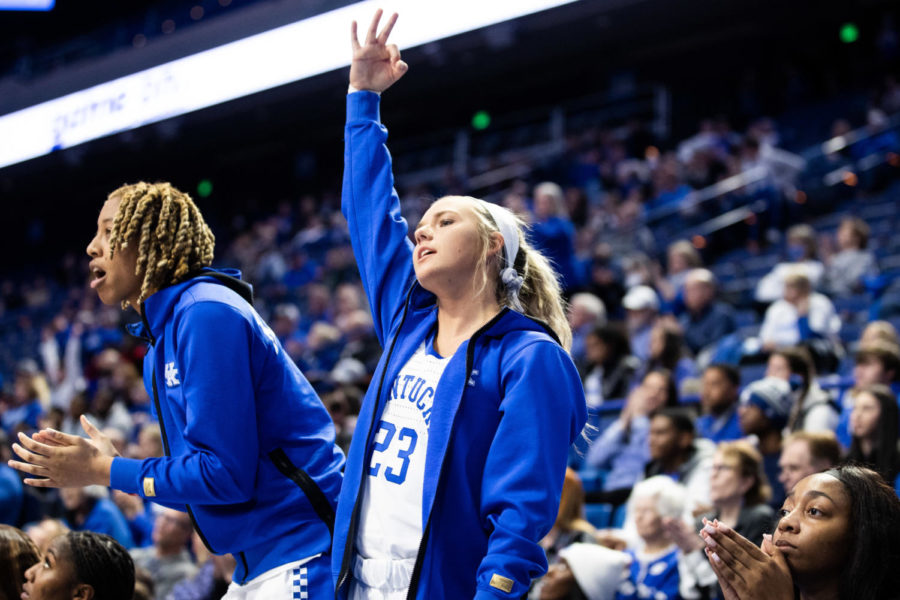 Kentucky Wildcats guard Cassidy Rowe (23) celebrates a 3-point shot during the Kentucky vs. No. 7 LSU womens basketball game on Sunday, Jan. 8, 2023, at Rupp Arena in Lexington, Kentucky. UK lost 67-48. Photo by Isabel McSwain | Staff
