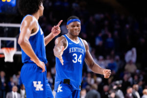 Kentucky Wildcats forward Oscar Tshiebwe (34) high fives forward Jacob Toppin (0) after the Kentucky vs. Vanderbilt mens basketball game on Tuesday, Jan. 24, 2023, at Memorial Gymnasium in Nashville, Tennessee. Kentucky won 69-53. Photo by Jack Weaver | Staff
