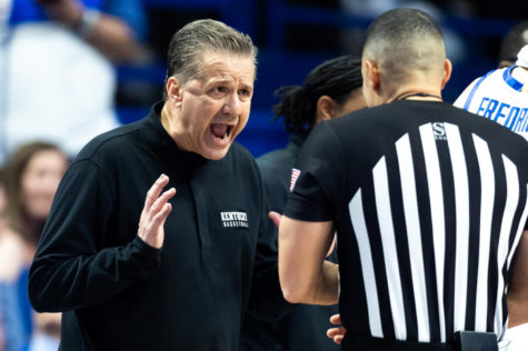 Kentucky Wildcats head coach John Calipari argues about a call during the Kentucky vs. No. 9 Kansas mens basketball game on Saturday, Jan. 28, 2023, at Rupp Arena in Lexington, Kentucky. Kansas won 77-68. Photo by Jack Weaver | Staff