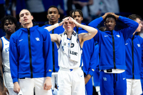 Players on the Kentucky bench react to a play during the Kentucky vs. No. 9 Kansas mens basketball game on Saturday, Jan. 28, 2023, at Rupp Arena in Lexington, Kentucky. Kansas won 77-68. Photo by Jack Weaver | Staff