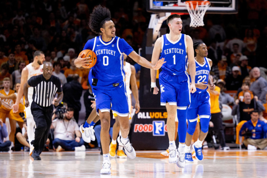 Kentucky+Wildcats+forward+Jacob+Toppin+%280%29+and+guard+CJ+Fredrick+%281%29+celebrate+at+the+end+of+the+Kentucky+vs.+No.+5+Tennessee+mens+basketball+game+on+Saturday%2C+Jan.+14%2C+2023%2C+at+Thompson-Boling+Arena+in+Knoxville%2C+Tennessee.+Kentucky+won+63-56.+Photo+by+Jack+Weaver+%7C+Staff