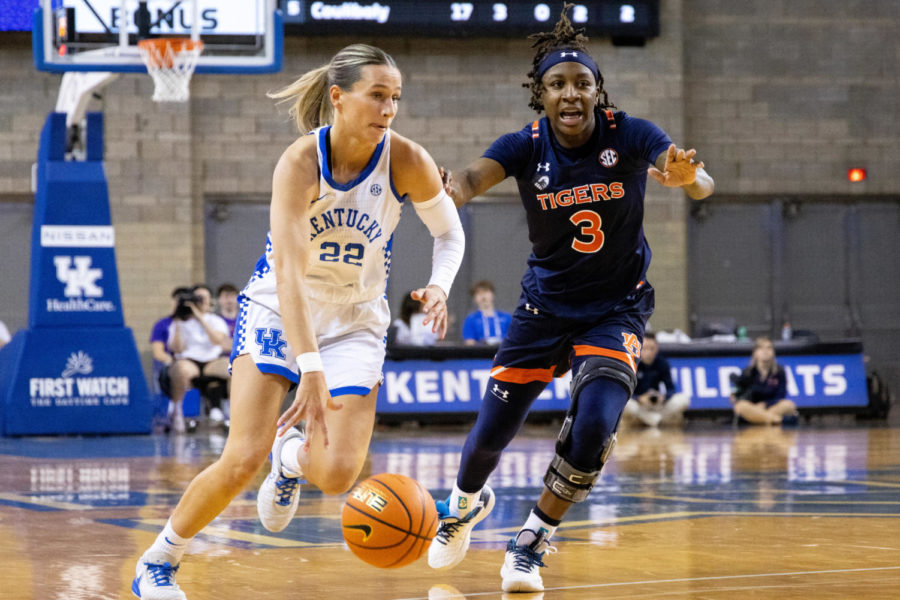 Kentucky Wildcats guard Maddie Scherr (22) dribbles the ball up the court during the Kentucky vs. Auburn womens basketball game on Thursday, Jan. 26, 2023, at Memorial Coliseum in Lexington, Kentucky. Photo by Olivia Hall | Staff