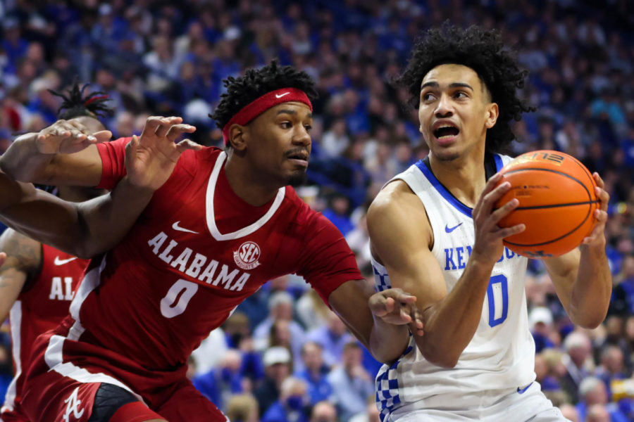 Kentucky Wildcats forward Jacob Toppin (0) makes a move in the paint during the Kentucky vs. Alabama mens basketball game on Saturday, Feb. 19, 2022, at Rupp Arena in Lexington, Kentucky. UK won 90-81. Photo by Michael Clubb | Kentucky Kernel