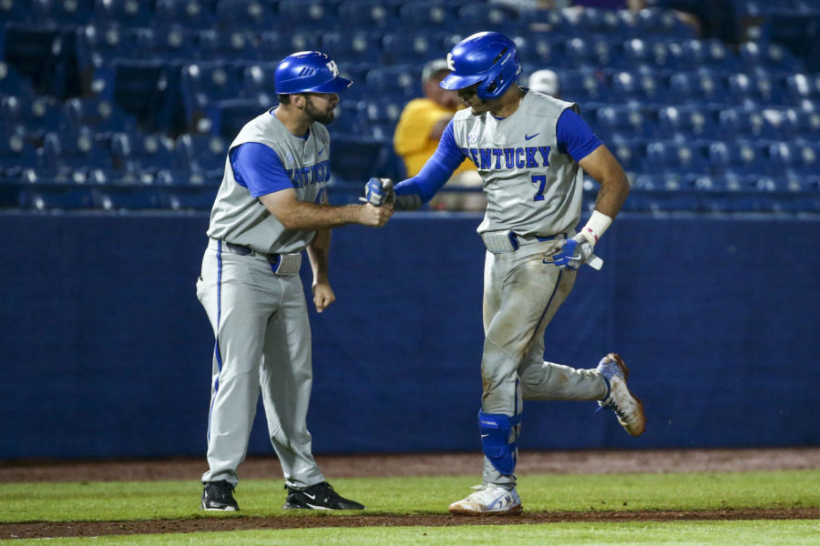 Kentucky+Wildcats+volunteer+assistant+Nick+Ammirati%2C+left%2C+fist+bumps+catcher+Devin+Burkes+during+the+Kentucky+vs.+LSU+baseball+game+in+the+SEC+Tournament+on+Friday%2C+May+27%2C+2022%2C+at+Hoover+Metropolitan+Complex+in+Hoover%2C+Alabama.+LSU+won+11-6.+Photo+by+Sarah+Caputi+%7C+UK+Athletics