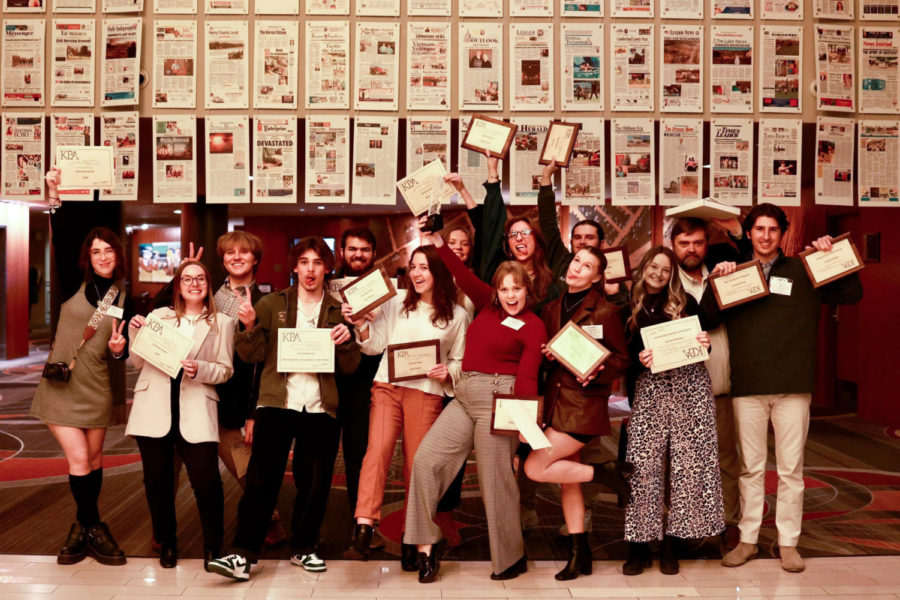 The Kentucky Kernel staff poses with its awards from the Kentucky Press Association News Excellence awards on Friday, Jan. 27, 2023, at the Hyatt Regency in Lexington, Kentucky. Photo by David Stephenson