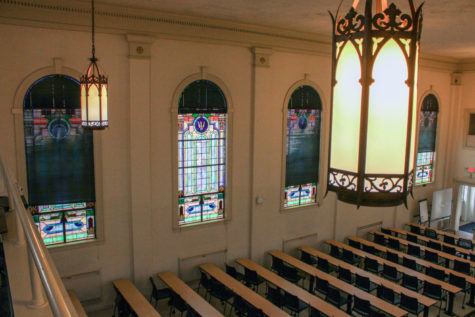 Stained glass glares on Tuesday, Jan. 17, 2023, at Sanders Hall in Lexington, Kentucky. Photo by Bryce Towle | Staff