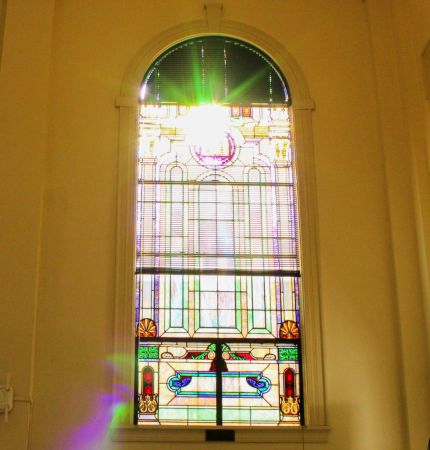 Stained glass glares on Tuesday, Jan. 17, 2023, at Sanders Hall in Lexington, Kentucky. Photo by Bryce Towle | Staff