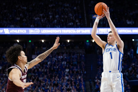 Kentucky guard CJ Fredrick (1) shoots a 3-pointer during the Kentucky vs. Texas A&M mens basketball game on Saturday, Jan. 21, 2023, at Rupp Arena in Lexington, Kentucky. Photo by Jack Weaver | Staff