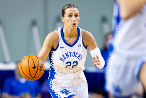 Kentucky Wildcats guard Maddie Scherr (22) dribbles the ball up the court during the Kentucky vs. Auburn womens basketball game on Thursday, Jan. 26, 2023, at Memorial Coliseum in Lexington, Kentucky. Auburn won 71-68. Photo by Jack Weaver | Staff