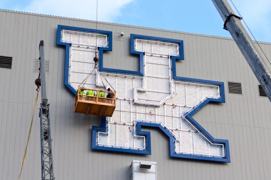 A+new+logo+is+installed+on+the+back+of+a+scoreboard+at+Kroger+Field+on+Monday%2C+Jan.+23%2C+2023%2C+in+Lexington%2C+Kentucky.+Photo+by+Brady+Saylor+%7C+Staff