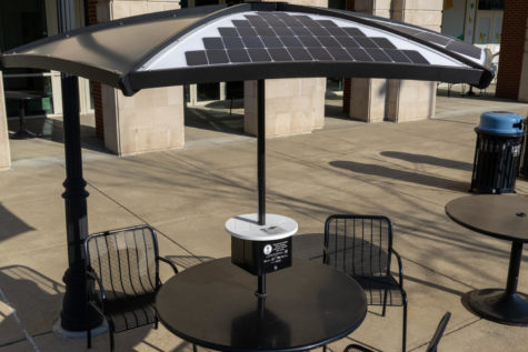 Newly installed solar umbrellas sit outside of Jewell Hall on north campus on Tuesday, Jan. 10, 2023, in Lexington, Kentucky. Photo by Travis Fannon | Staff