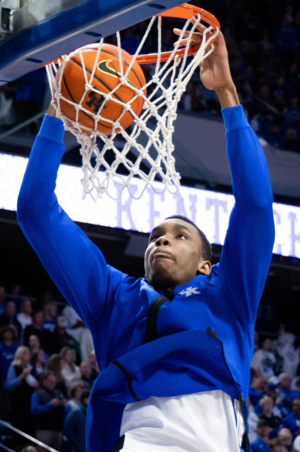 Kentucky Wildcats forward Ugonna Onyenso (33) dunks the ball during warm ups before the Kentucky vs. No. 10 Tennessee mens basketball game on Saturday, Feb. 18, 2023, at Rupp Arena in Lexington, Kentucky. Kentucky won 66-54. Photo by Brady Saylor | Staff